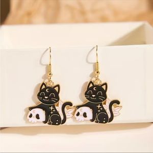 Gothic Cartoon Animal Black Cat With Skull Earrings Gold Plated Faux Fashion Jew